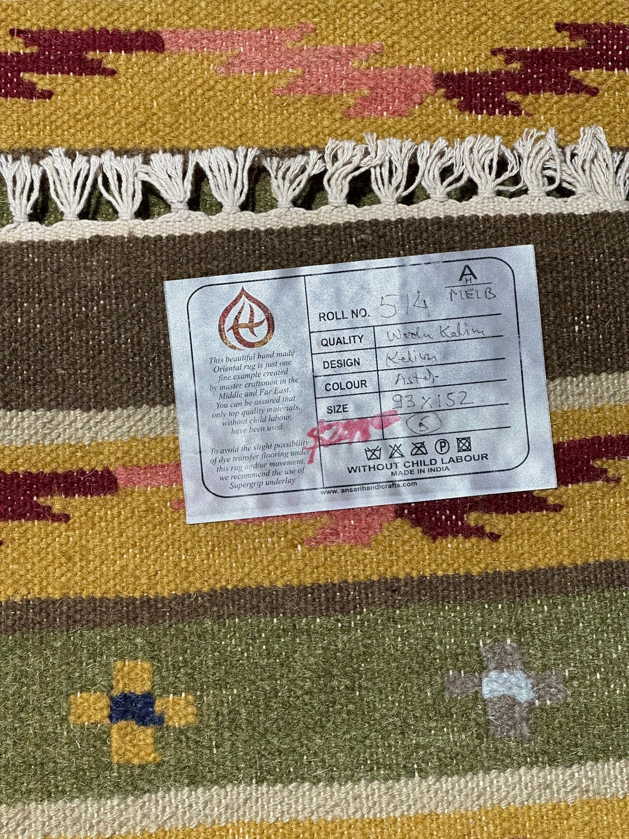 Kilim Pure wool pile hand knotted 152cm x 93cm