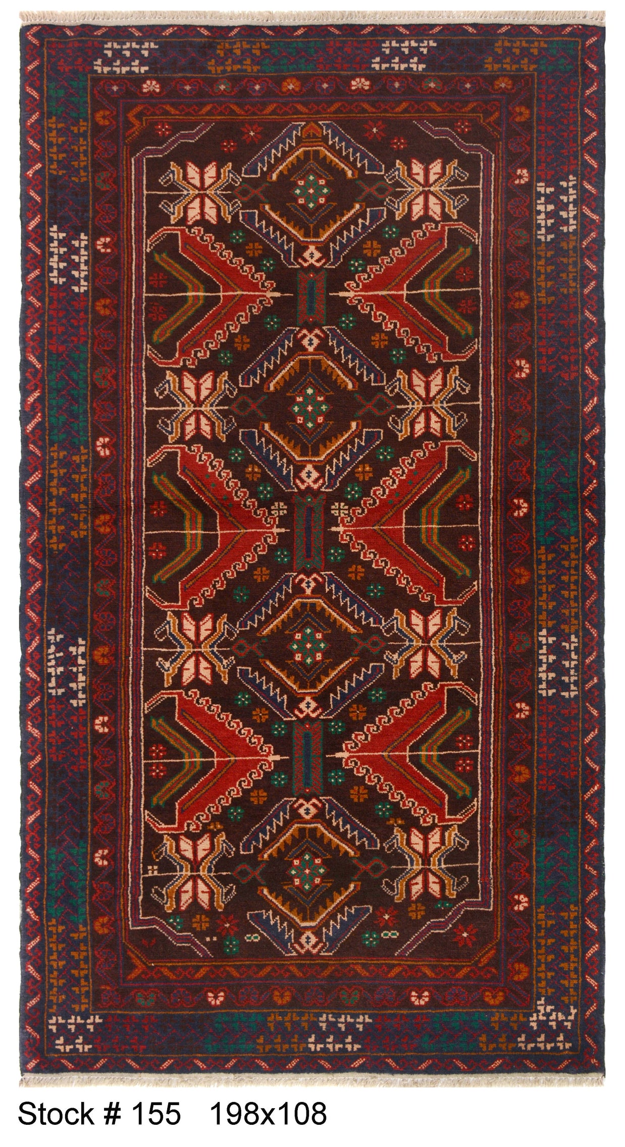 198cm x 104cm Hand Knotted Afghan Baluchi area rug pure wool pile natural dye