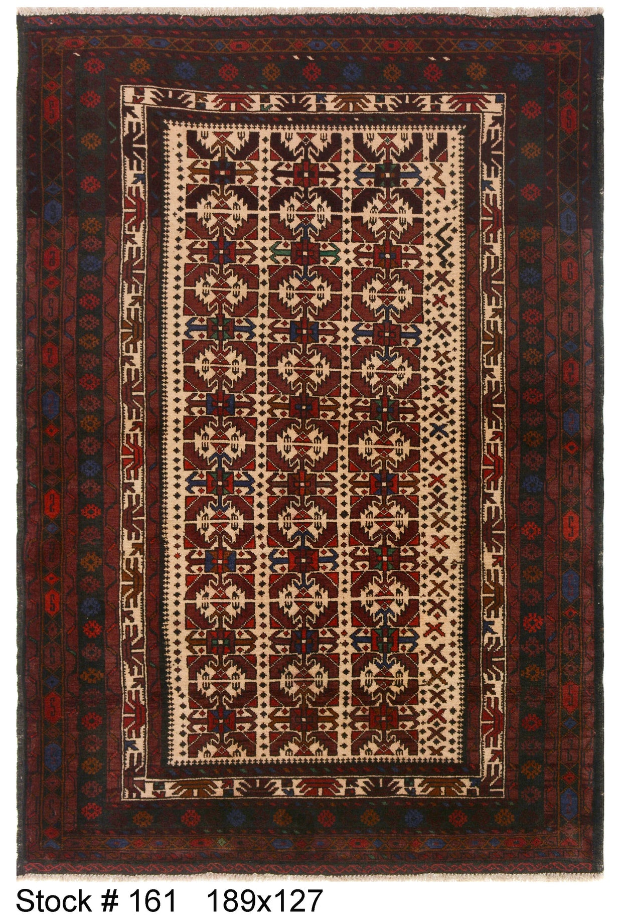 189cm x 127cm Afghan Baluchi Area rug pure wool pile kand knotted rug