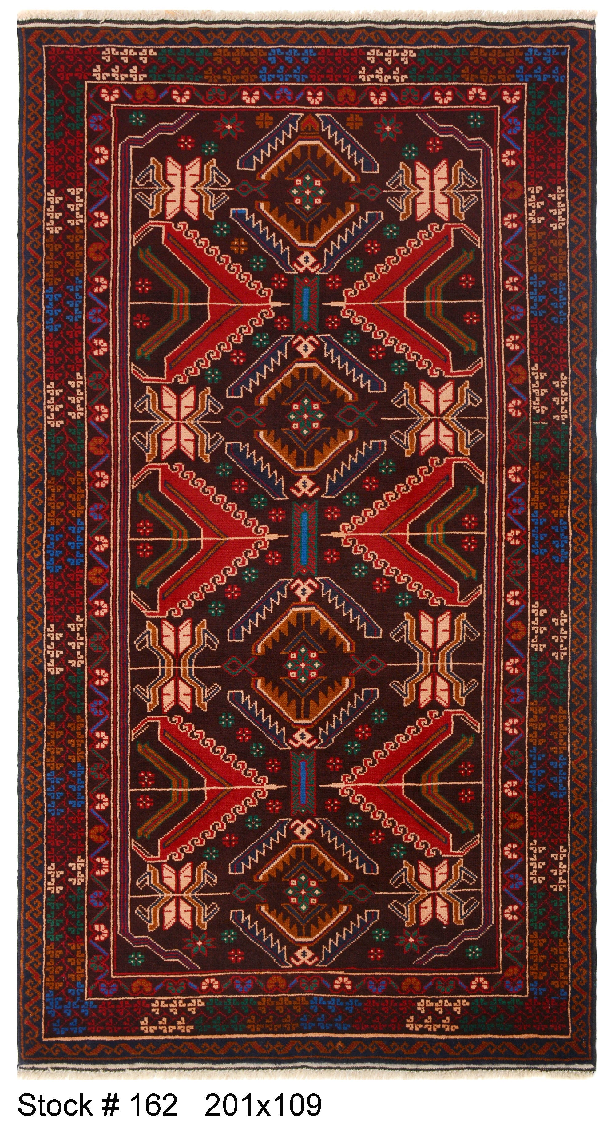 Afghan Baluchi area rug hand knotted pure wool pile rug 201cm x 109cm