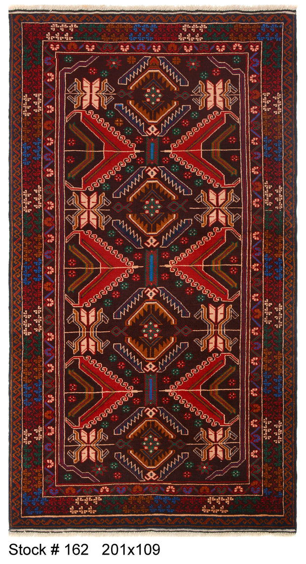 Afghan Baluchi area rug hand knotted pure wool pile rug 201cm x 109cm